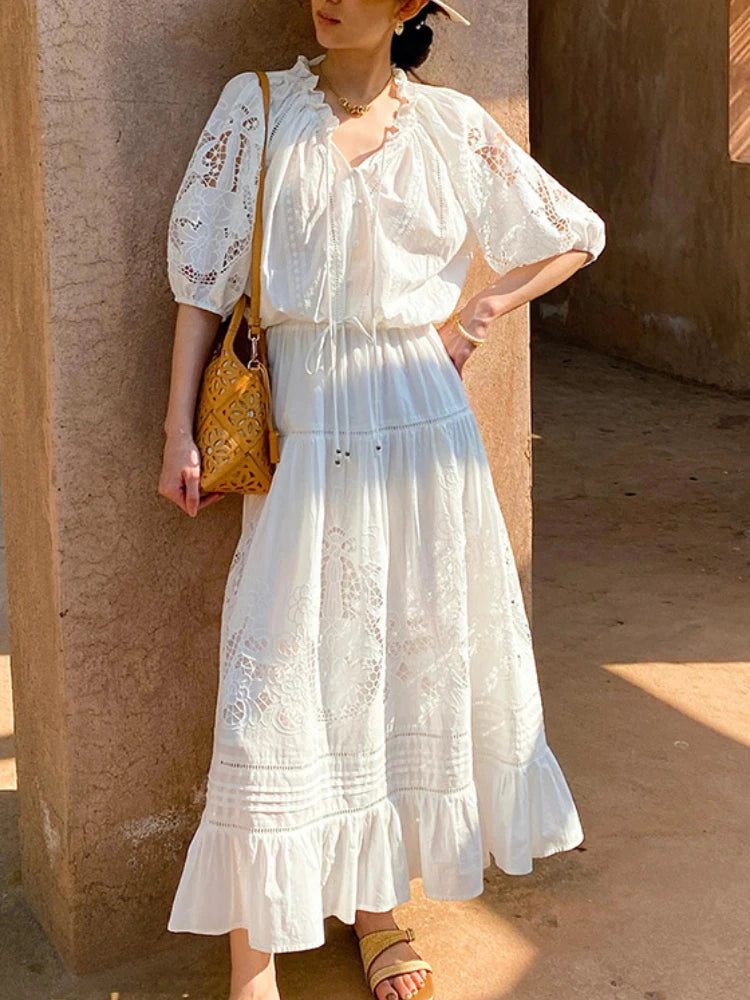 French Vacation Style Embroidered White Blouse & Lace Floral Midi Skirt Women Summer 100% Cotton Hollow-Out Two-Piece Dress Set