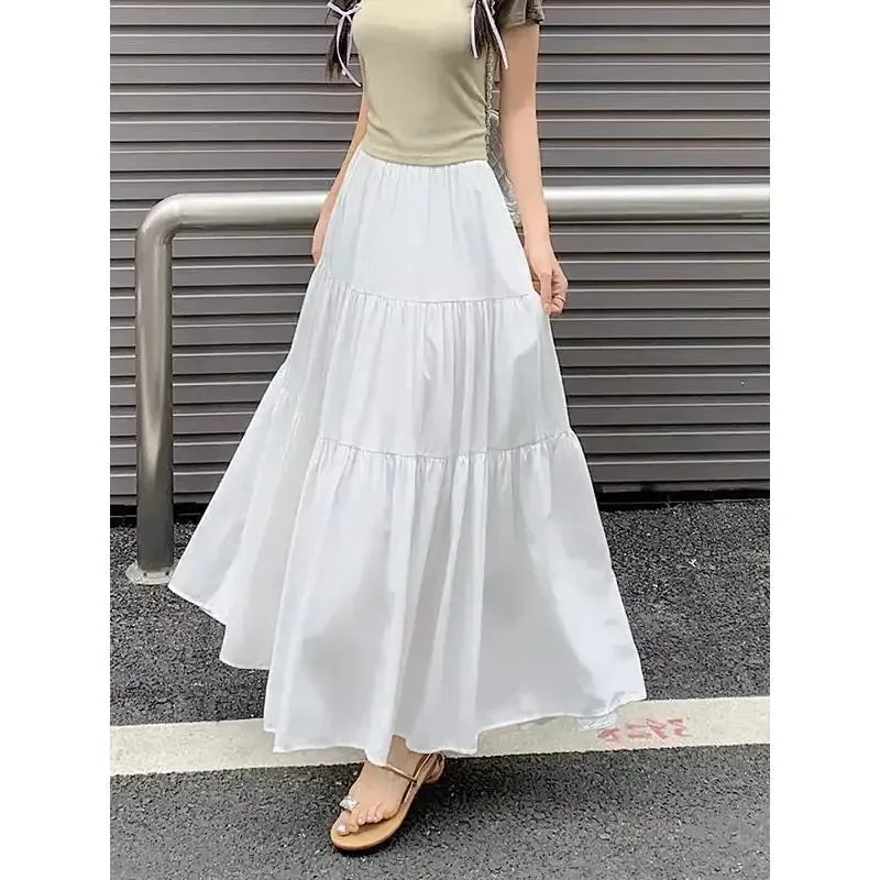 New Women Korean Tiered Maxi Skirt Elastic Waist Casual Solid Color A-line Faldas Mujer Holiday Streetwear Long Black Skirt