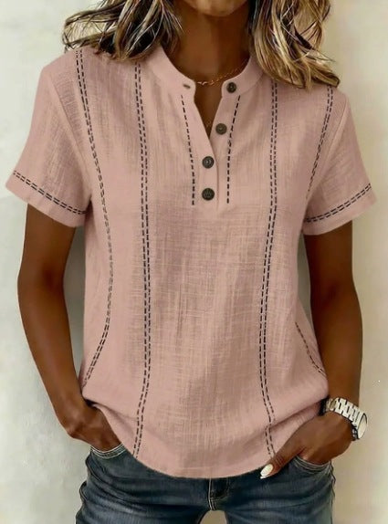 Summer Striped Short-Sleeve Shirts Casual Stand-Collar V-neck Button Blouse Womens Clothing