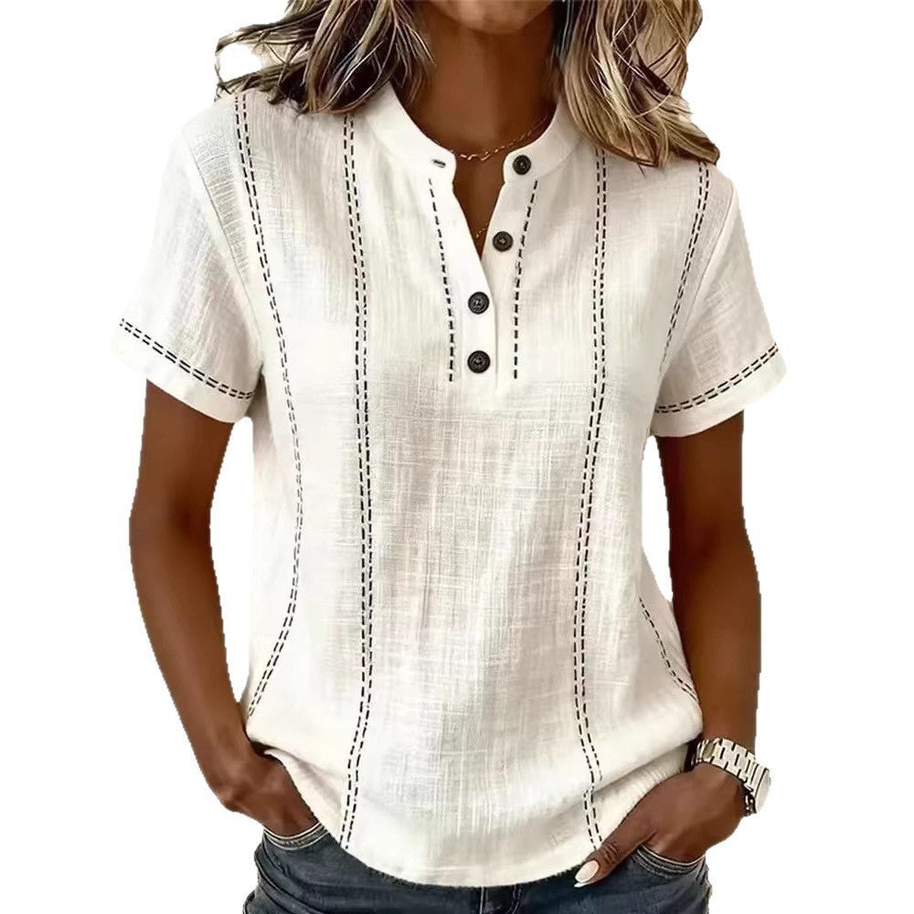 Summer Striped Short-Sleeve Shirts Casual Stand-Collar V-neck Button Blouse Womens Clothing