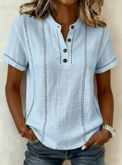 Summer Striped Short-Sleeve Shirts Casual Stand-Collar V-neck Button Blouse Womens Clothing